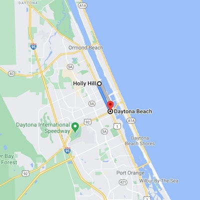 Google map image of route from Holly Hill to Daytona beach