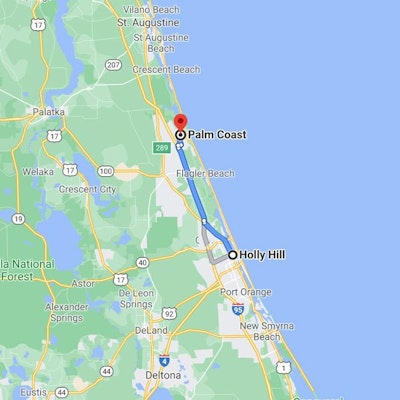 Google map image of route from Holly Hill to Palm Coast