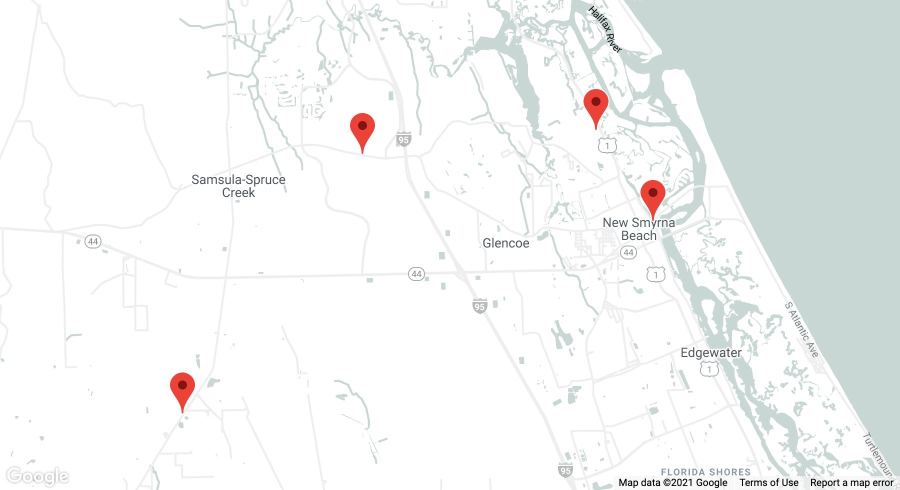 Google map of New Smyrna Beach indicating locations of motorcycle accidents
