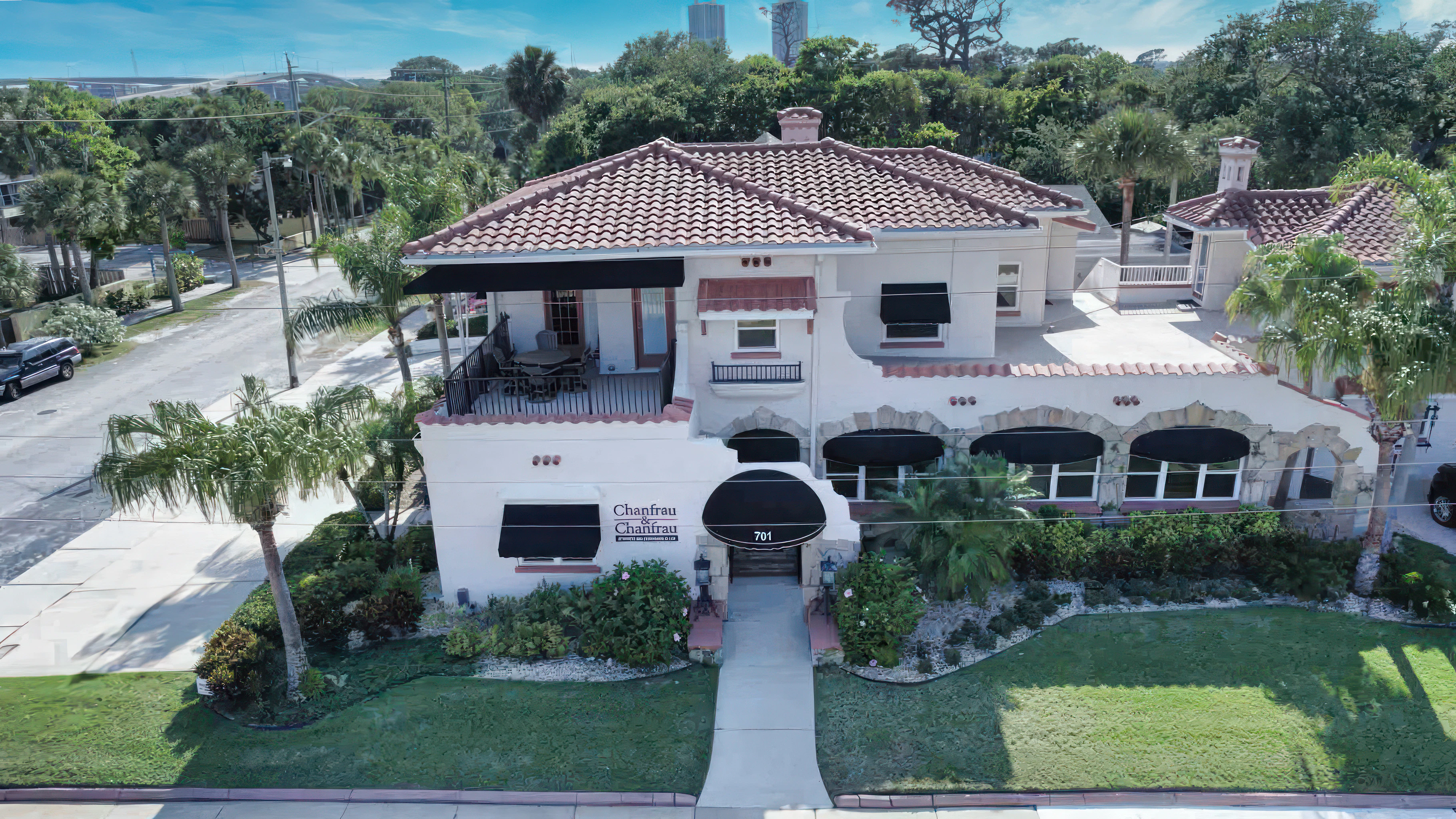Aerial view of the Chanfrau & Chanfrau law office building in Daytona Beach, Florida