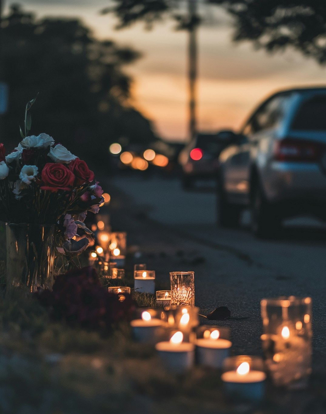 Roadside memorial for a car accident victim