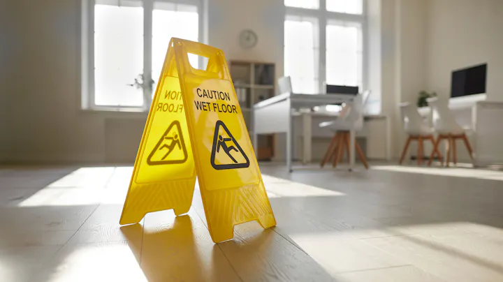 Yellow wet floor caution signs in a building lobby