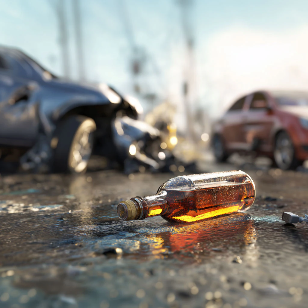 Alcohol bottle on ground with car accident in the background 