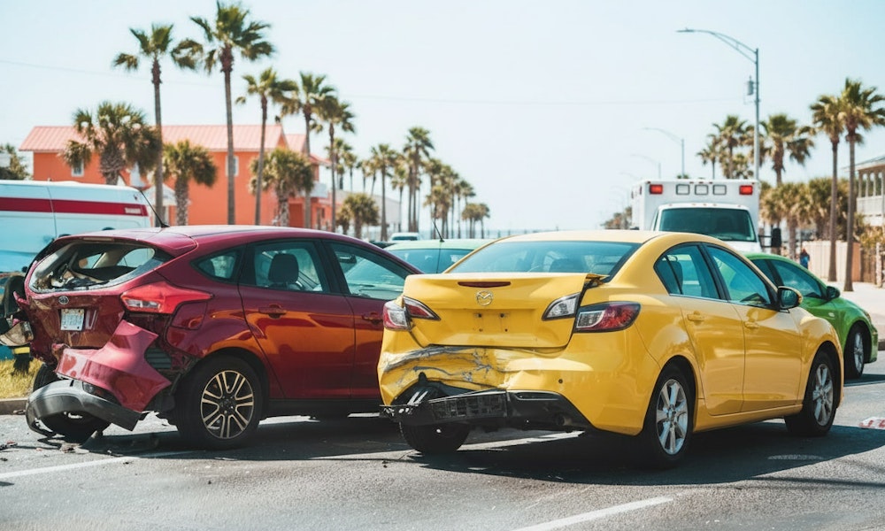 Two cars with accident damage from a rear collision