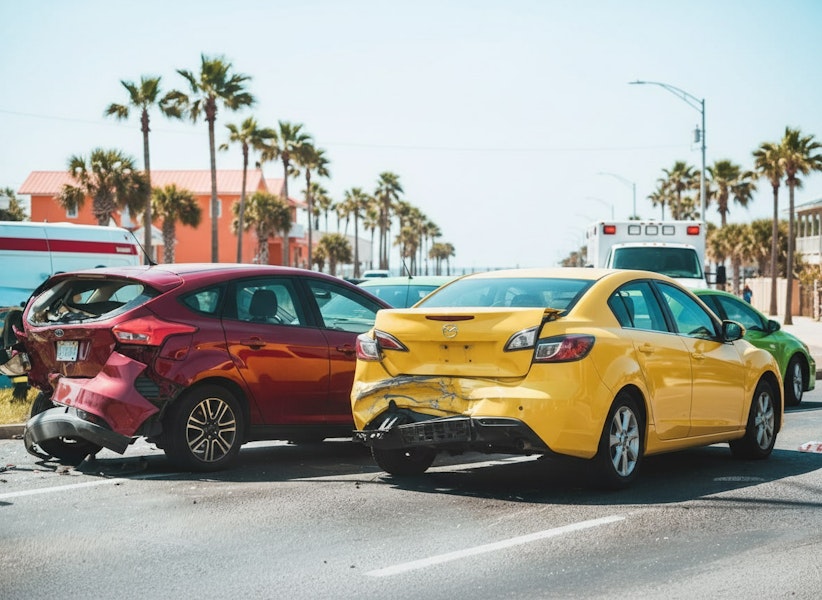 Two cars with accident damage from a rear collision