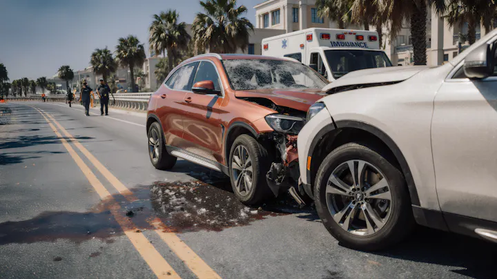 Two damaged cars after a crash on a palm-lined road