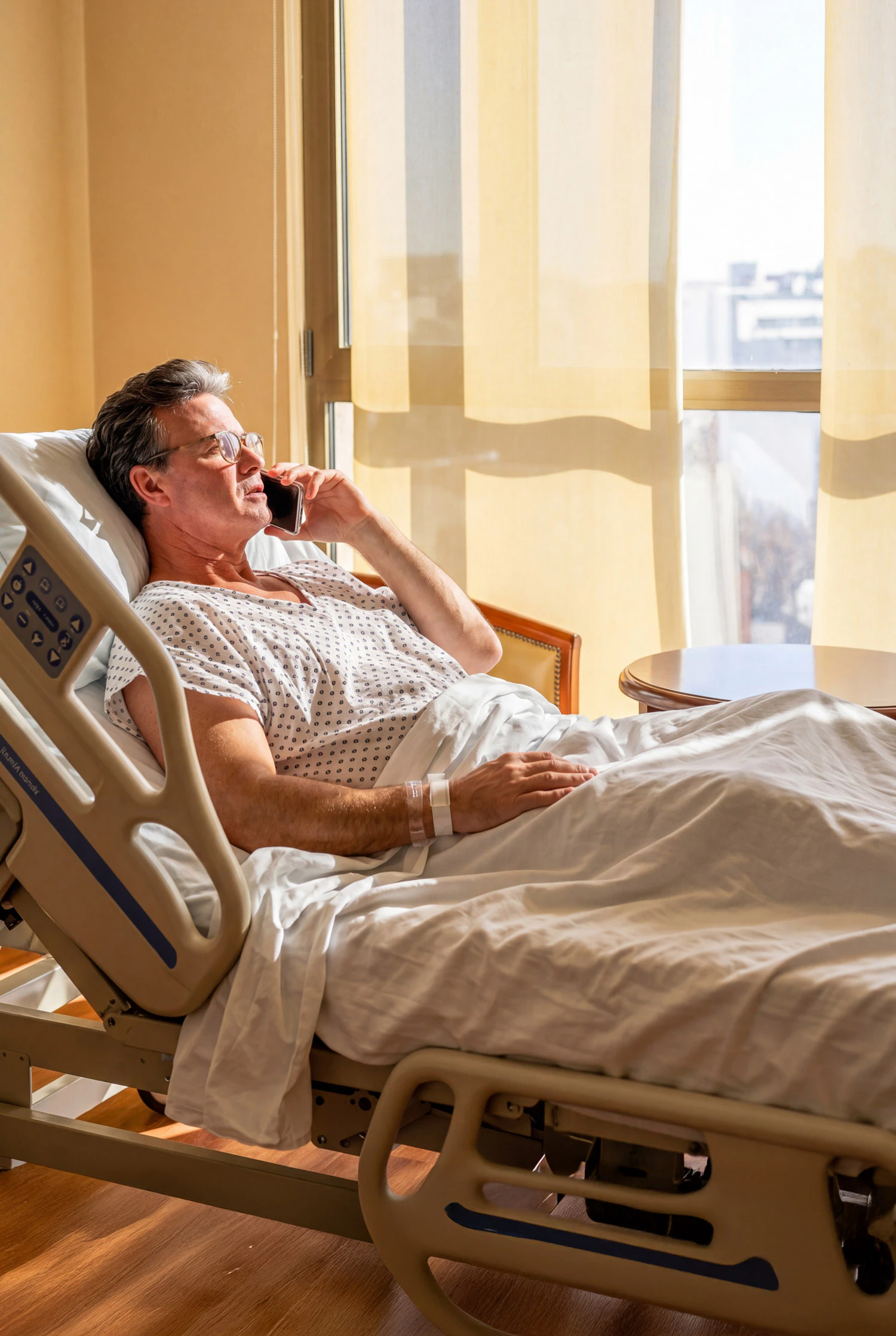 Man on the phone while in a hospital bed
