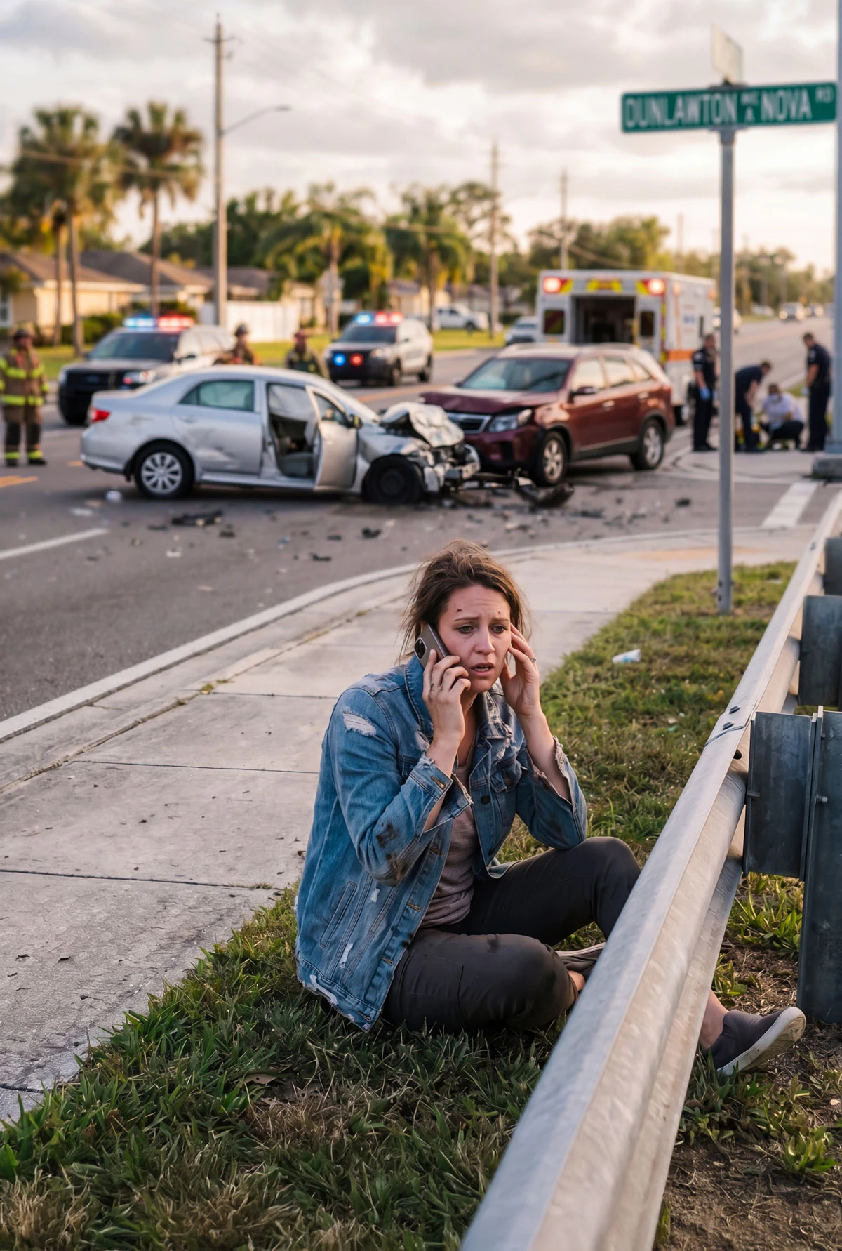 Distressed woman on the phone with a car accident in the background