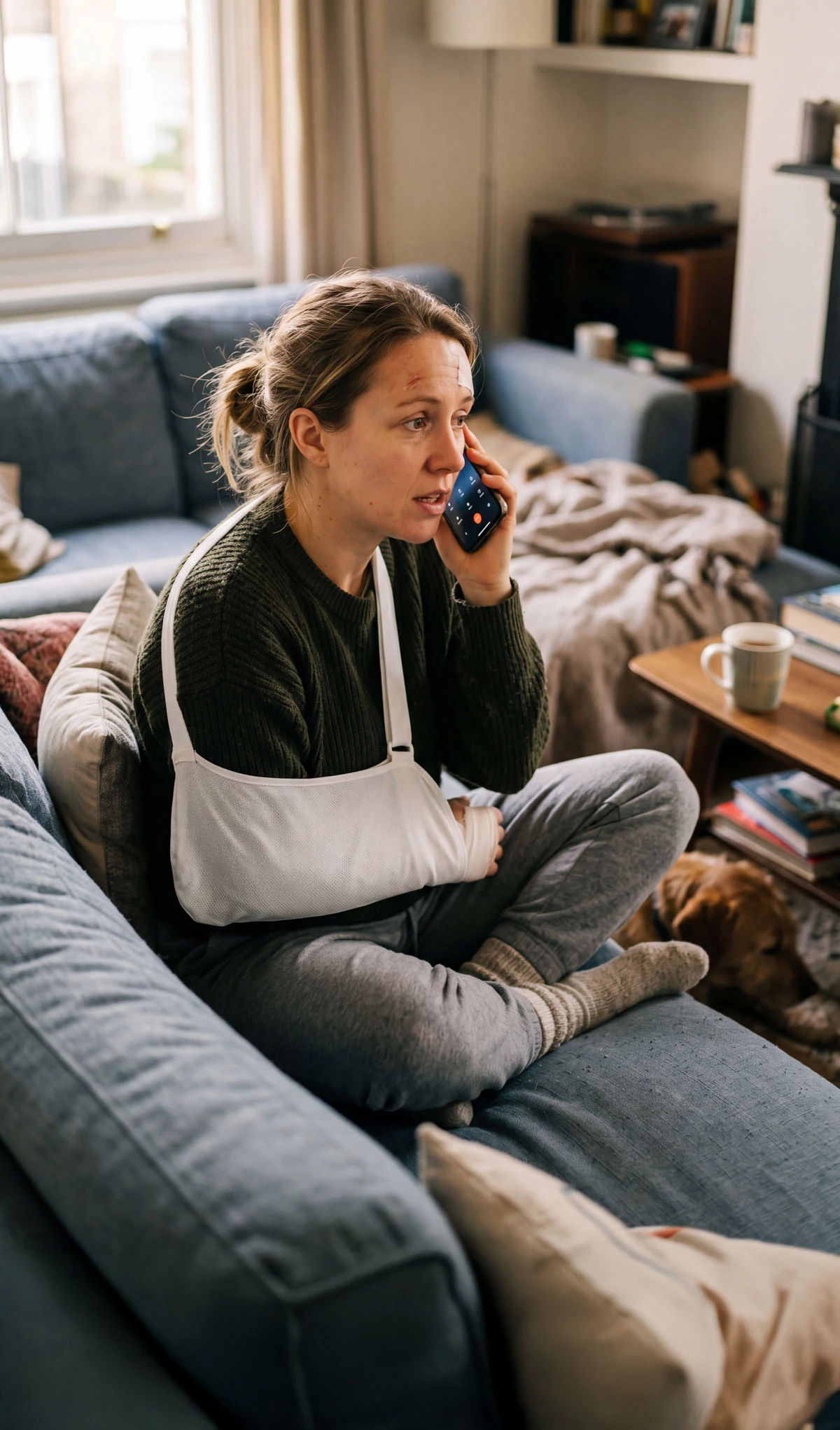 Woman with broken arm speaking on her phone