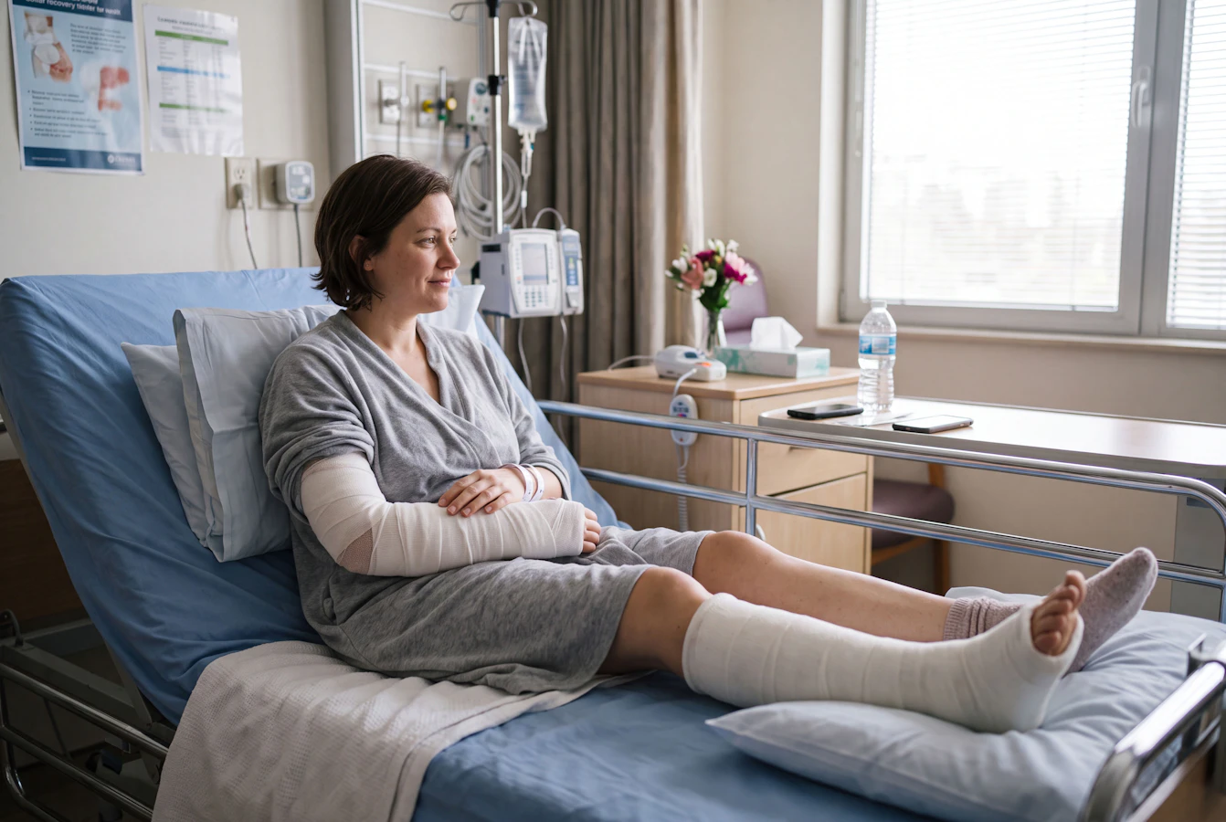 woman in hospital bed with broken leg