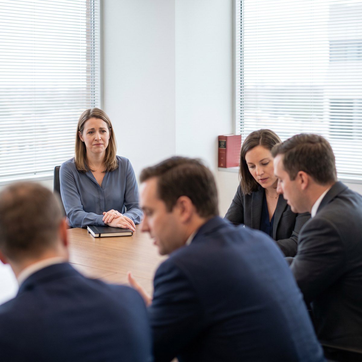 Woman looking upset in a work meeting