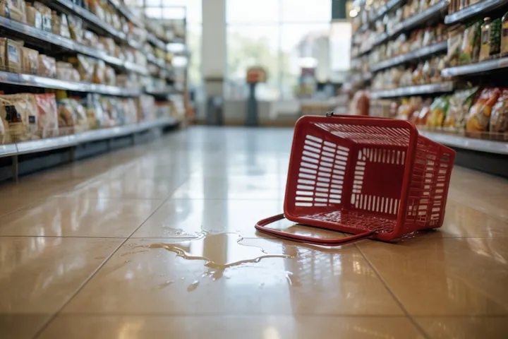 Spilled liquid beside a dropped shopping basket in a grocery store aisle