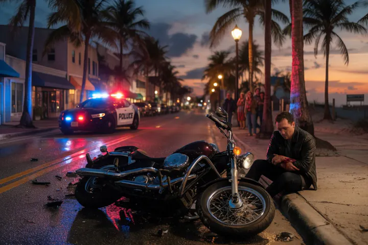 Motorcycle on its side in the street after a crash as the rider sits on the curb
