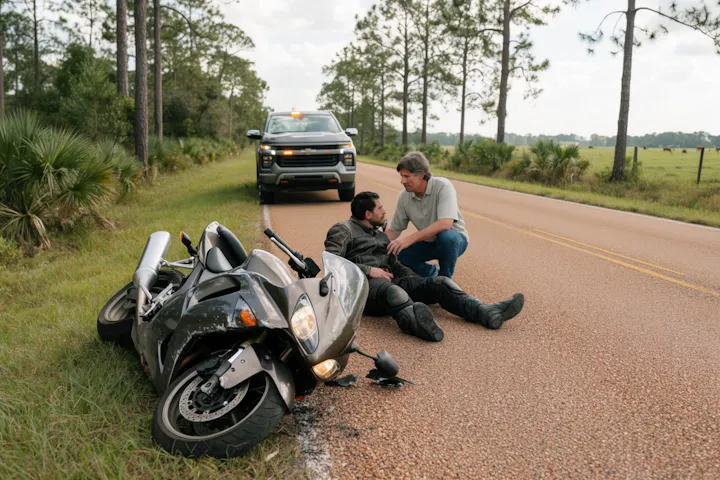 Driver kneeling beside an injured rider after a motorcycle crash on a rural highway