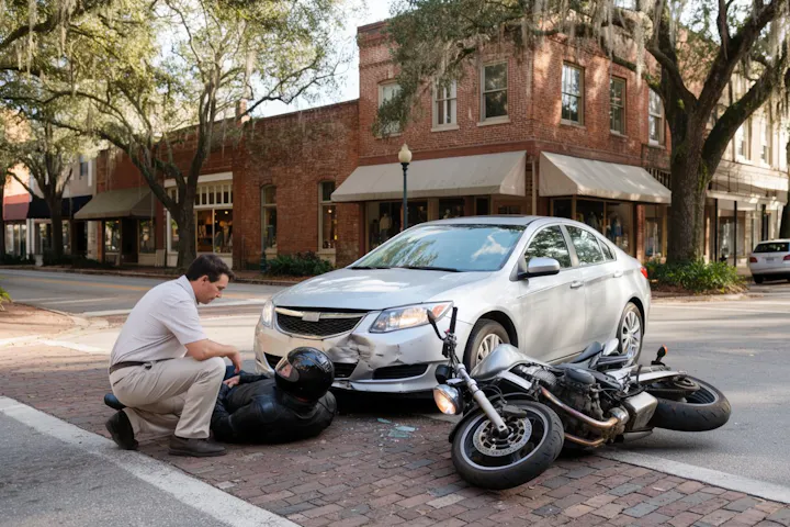 Bystander helping a motorcyclist after a collision with a car downtown