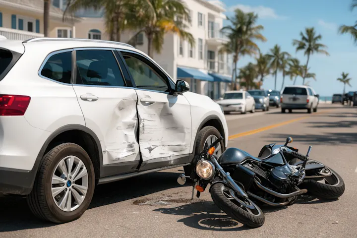 Motorcycle down on the street after crashing into the side of an SUV