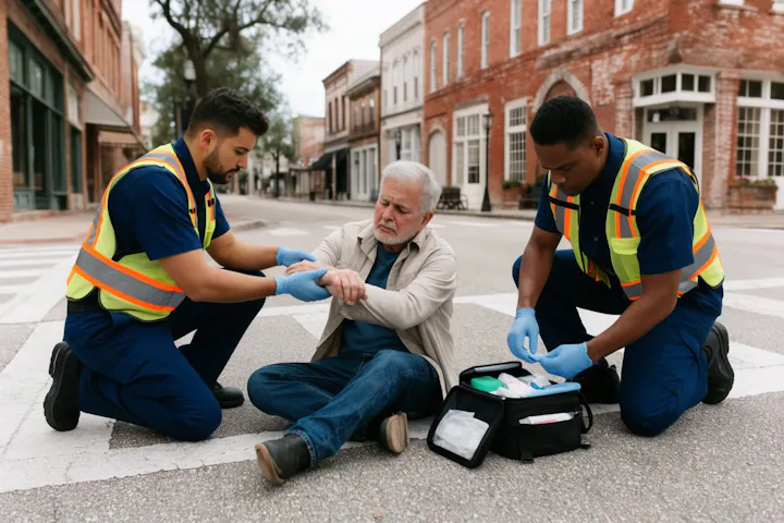 Paramedics treating an injured pedestrian in a downtown crosswalk