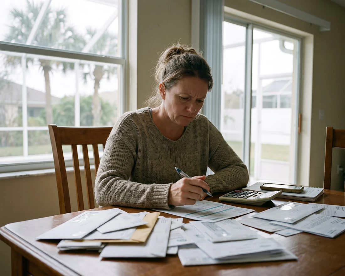 Woman sorting through medical bills and statements at her dining table
