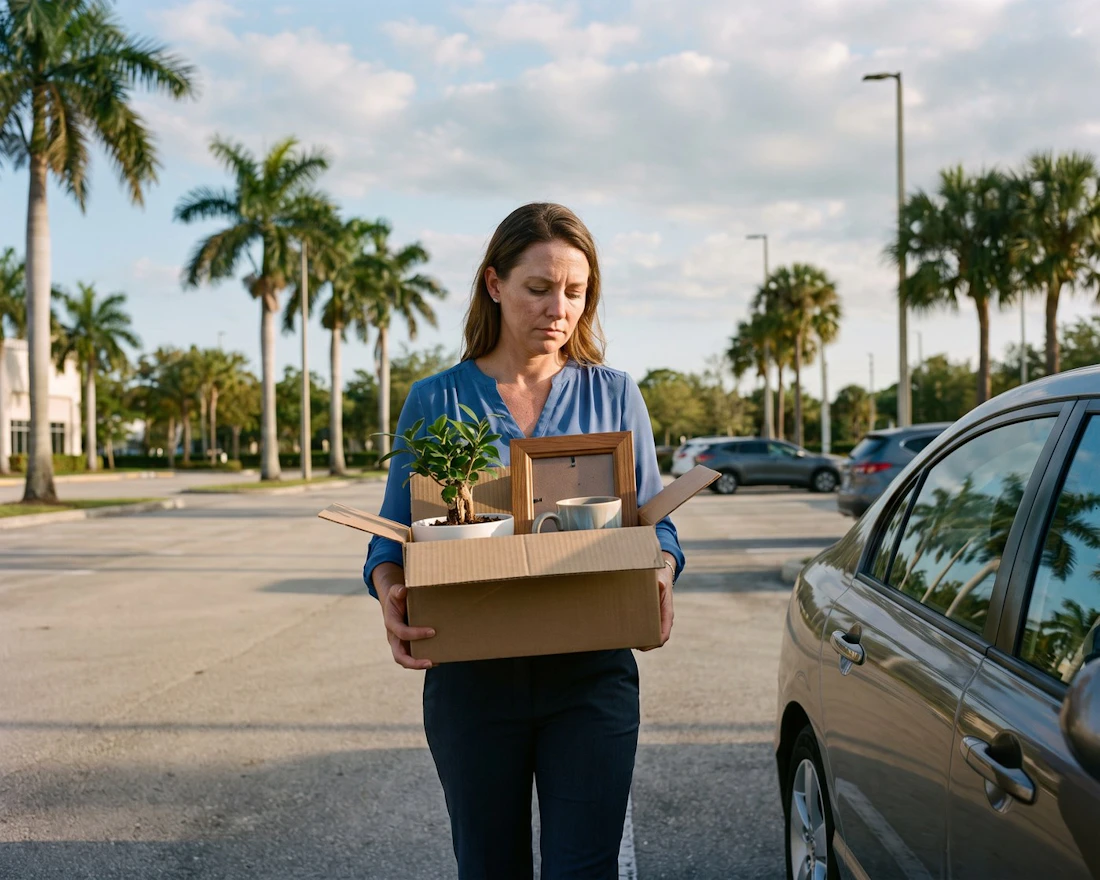 Woman carrying a box of her desk belongings to her car after losing her job
