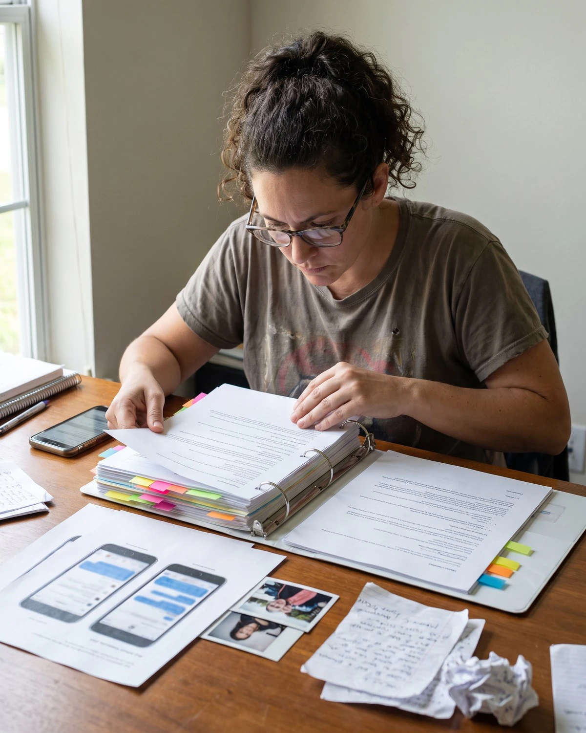Woman organizing emails, text messages, and notes into a binder as evidence of workplace harassment