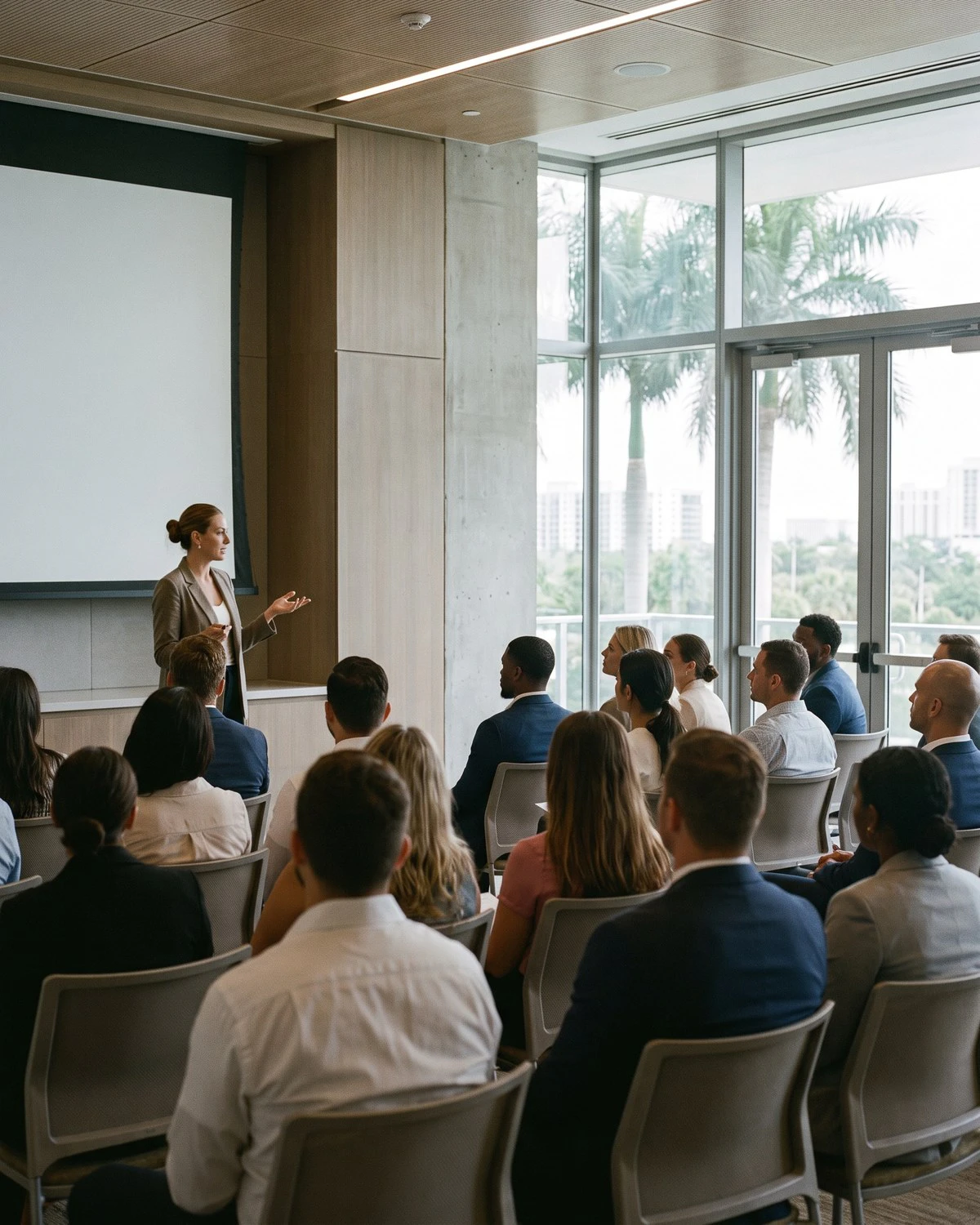 Employees attending a sexual harassment policy training at a Florida workplace