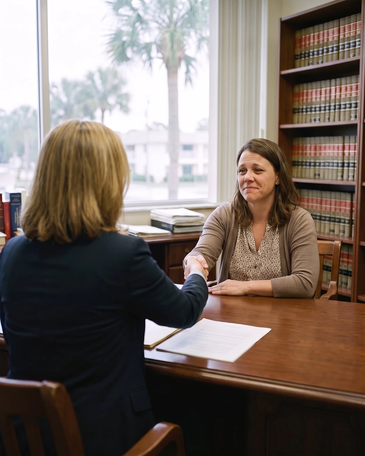 Florida employee shaking hands with her sexual harassment attorney at Chanfrau & Chanfrau