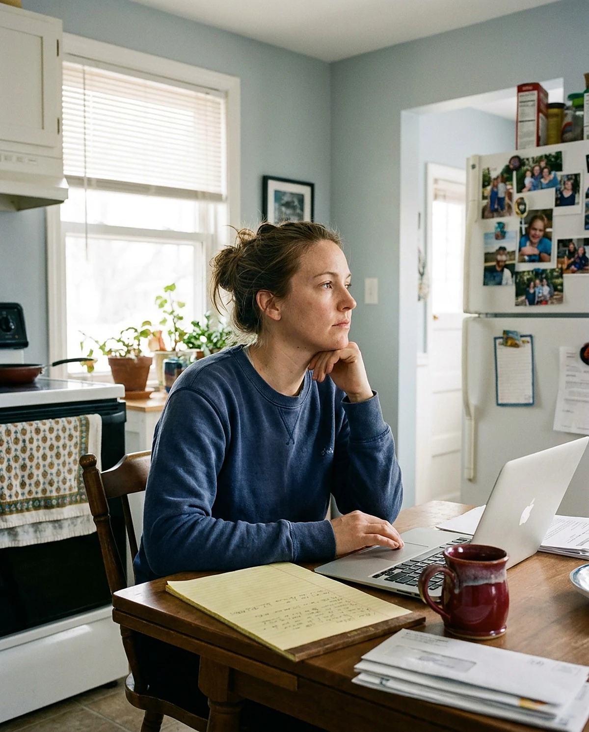 Woman at her kitchen table looking away from her laptop and notes, thinking through what happened at work