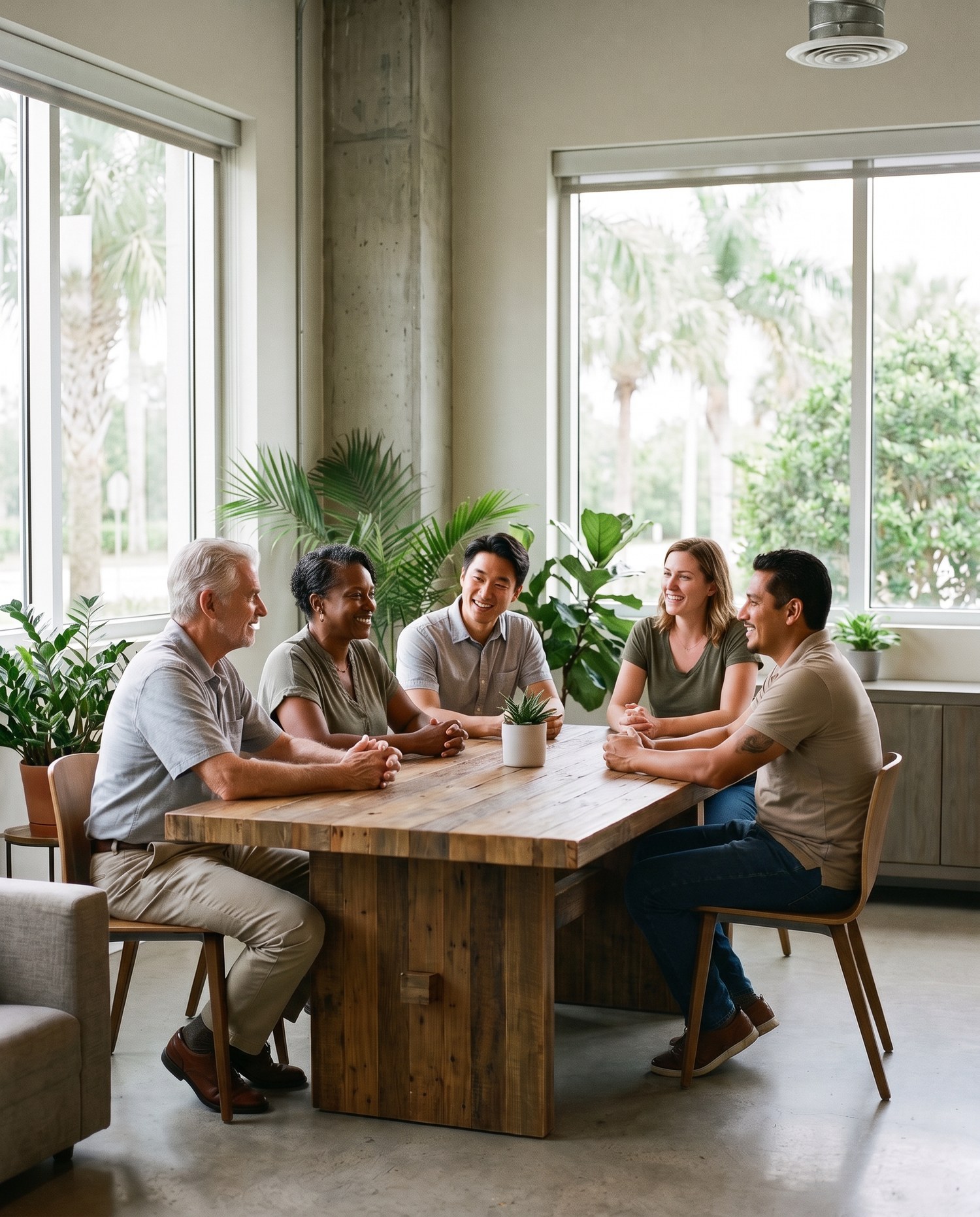 Coworkers of different genders and backgrounds talking around a table in a Florida office