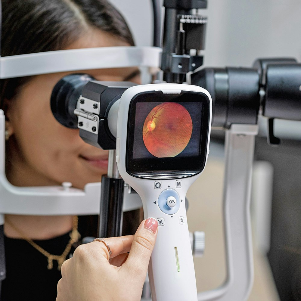a woman receiving an eye exam