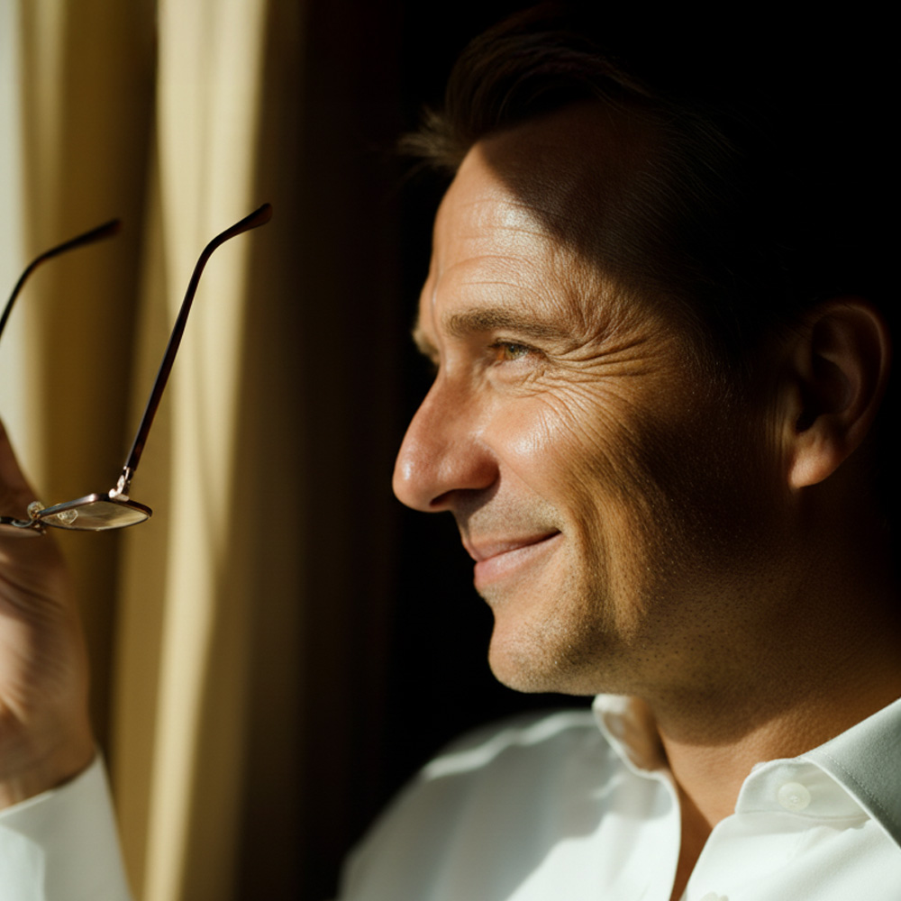 Happy man putting on reading glasses