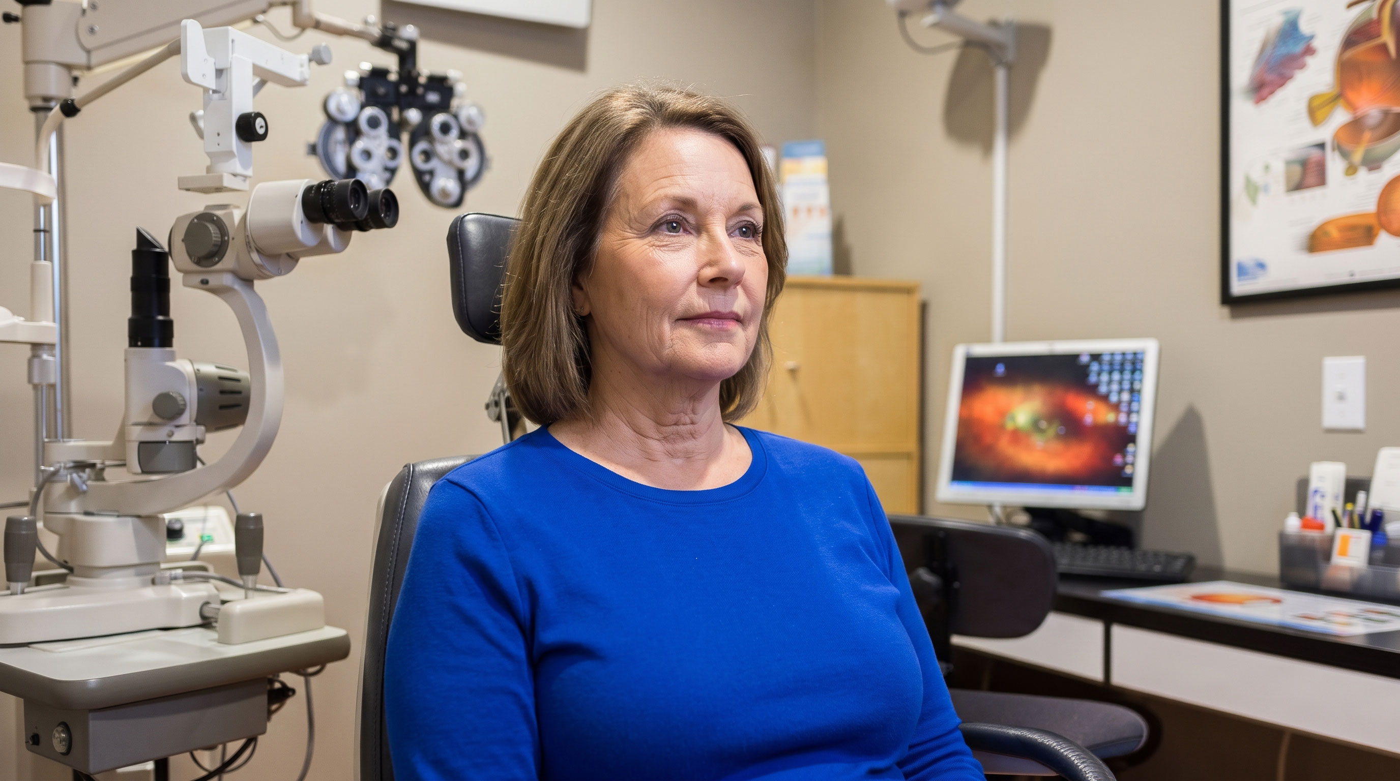 Woman sitting in eye exam chair