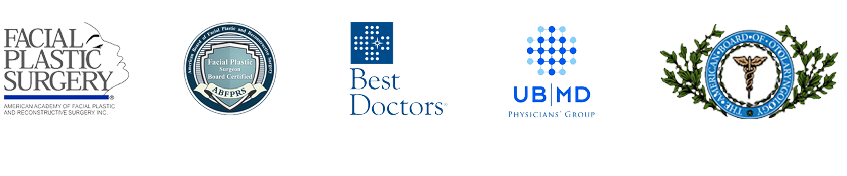 Logo for Dr Sherris' affiliations: American Academy of Facial Plastic Surgery, ABFPRS, Best Doctors, UB|MD Physicians Group, and American Board of Otolaryngology