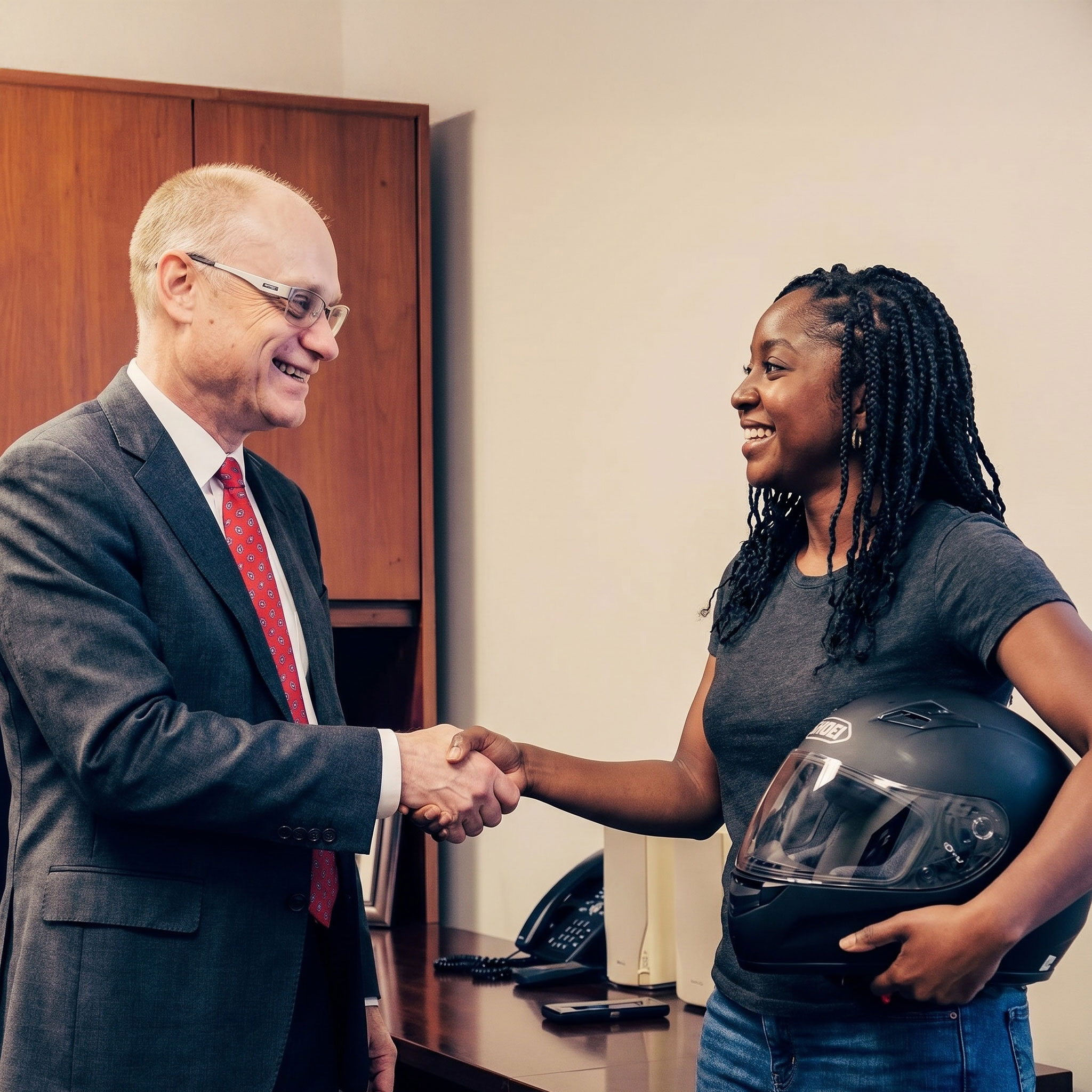 Josh Silverman shaking hands with client holding a motorcycle helmet
