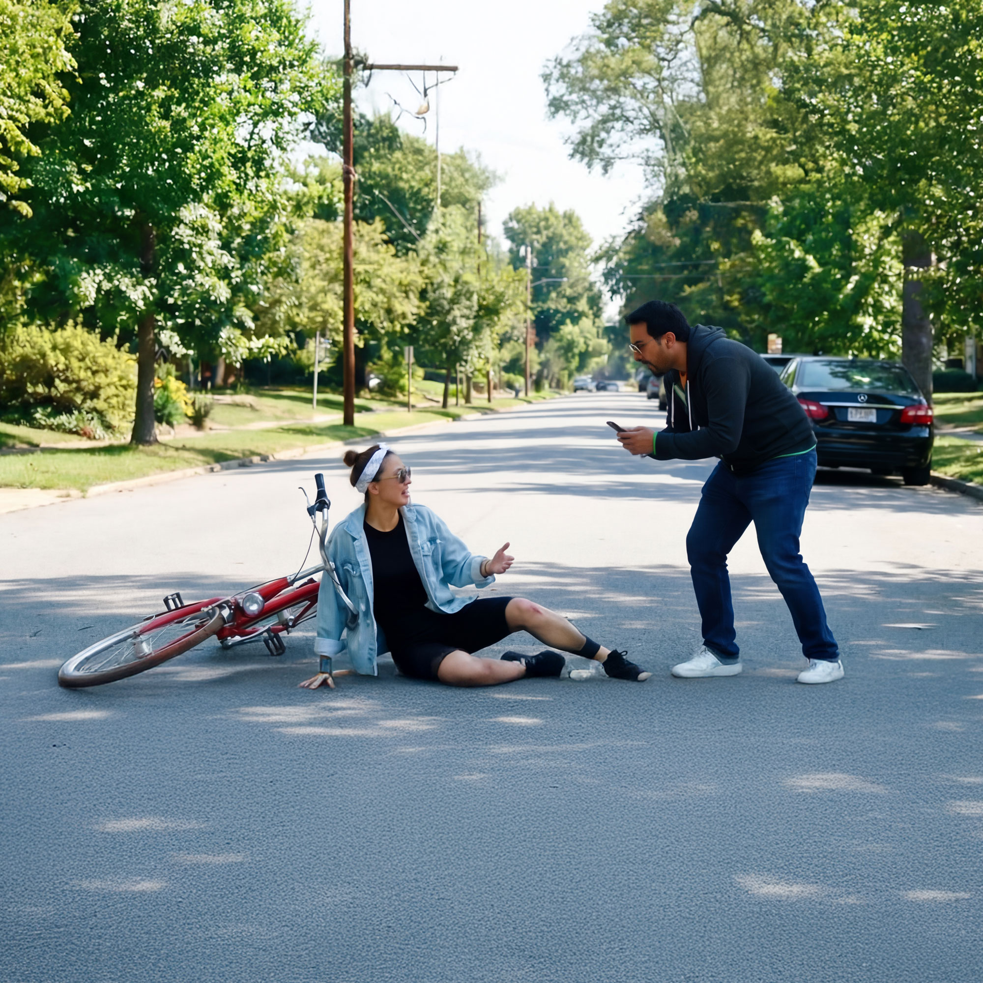 Cyclist on the ground next to their bike while someone talks to them with phone in hand