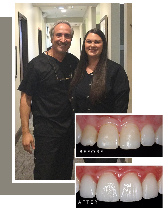 Dr. Nick standing with a team member in a dental office hallway, alongside a before-and-after photo showing a patient’s improved front teeth after treatment