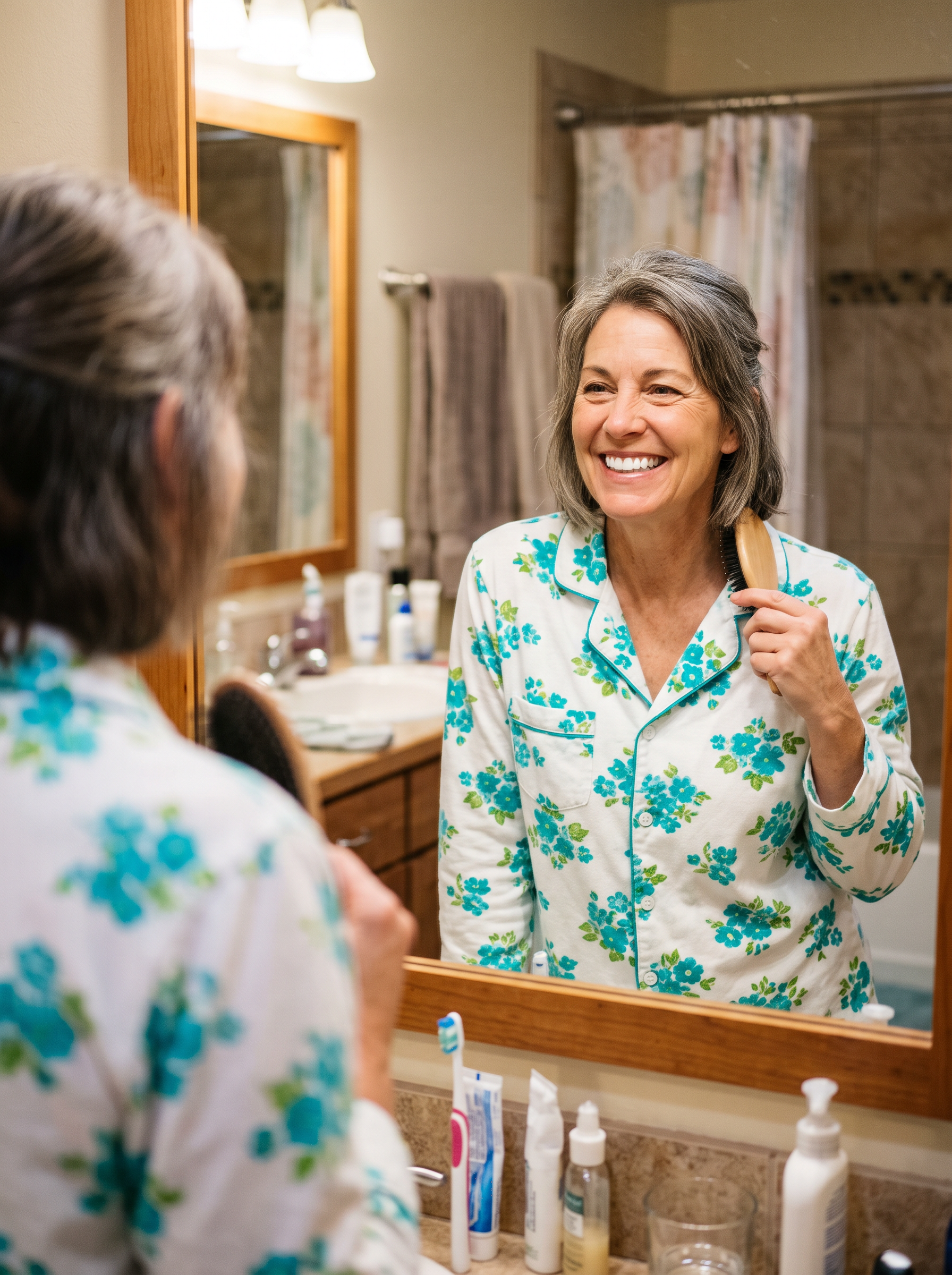 senior woman smiling in mirror