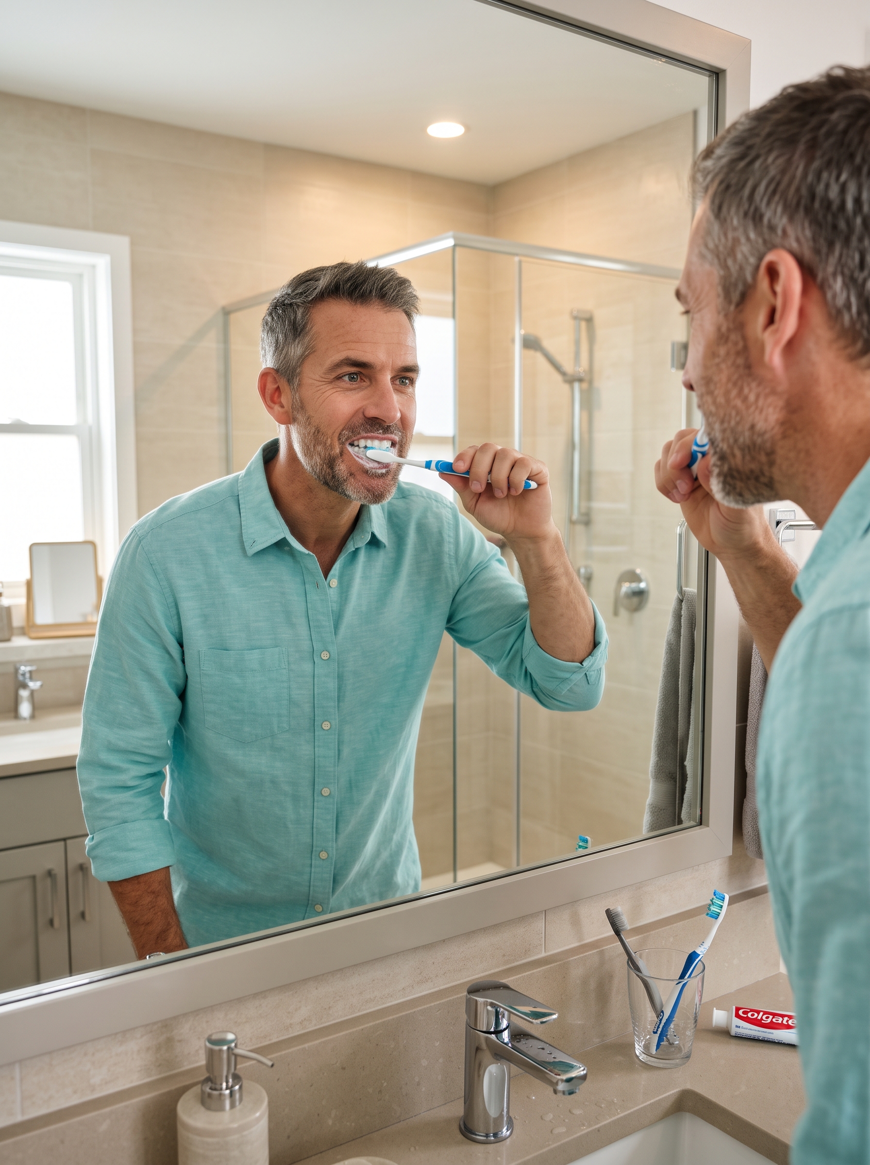 Mature man brushing teeth