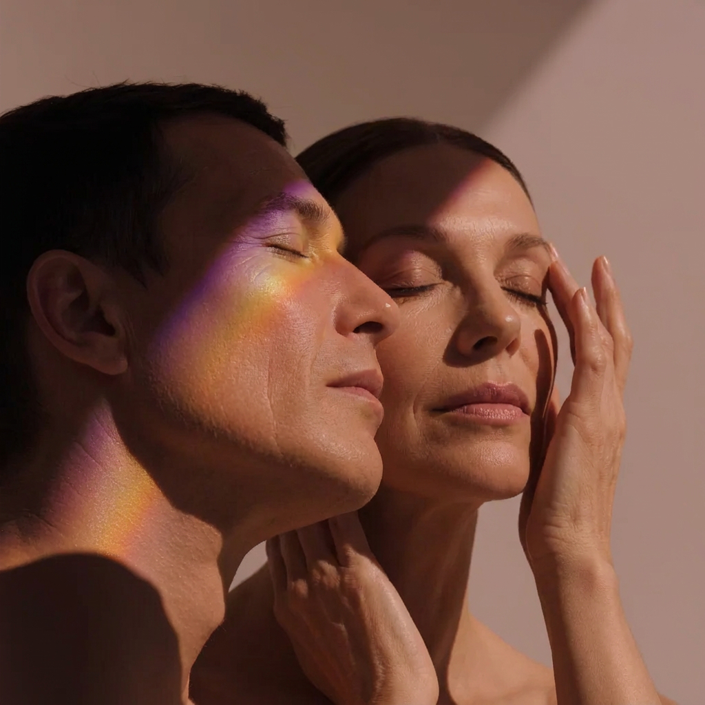 Two people with sun reflecting off their faces