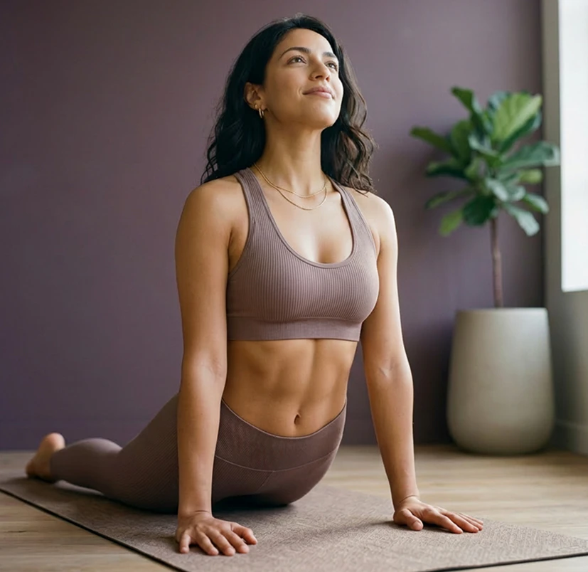 Woman in athletic wear performing a yoga pose, showing a toned midsection