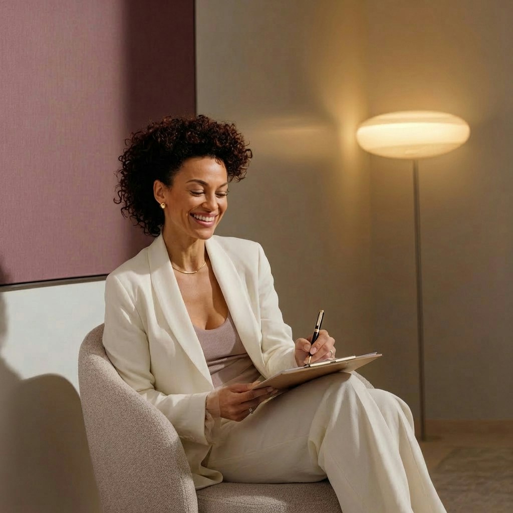 Smiling woman seated in a chair writing on a clipboard