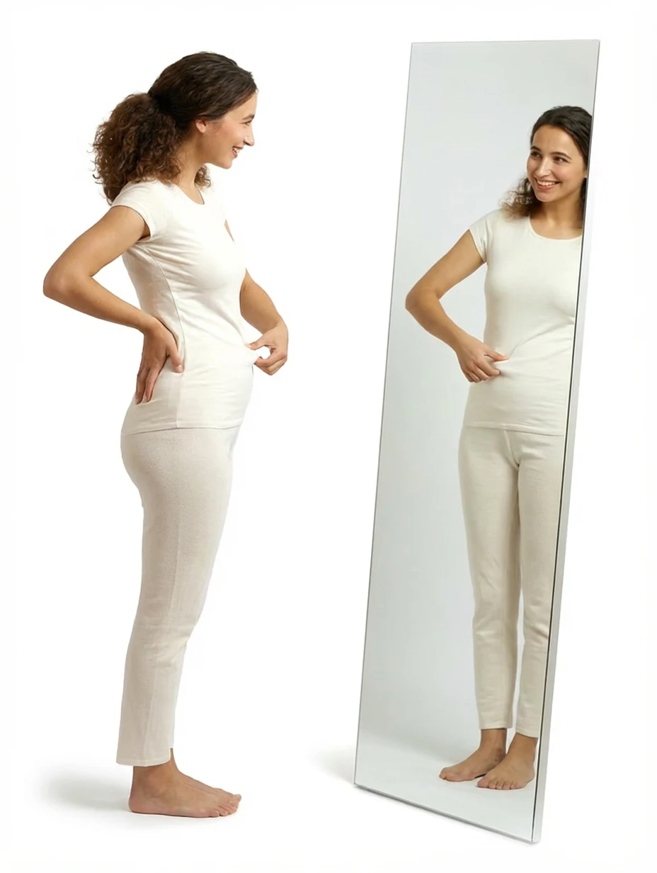 woman looking in mirror