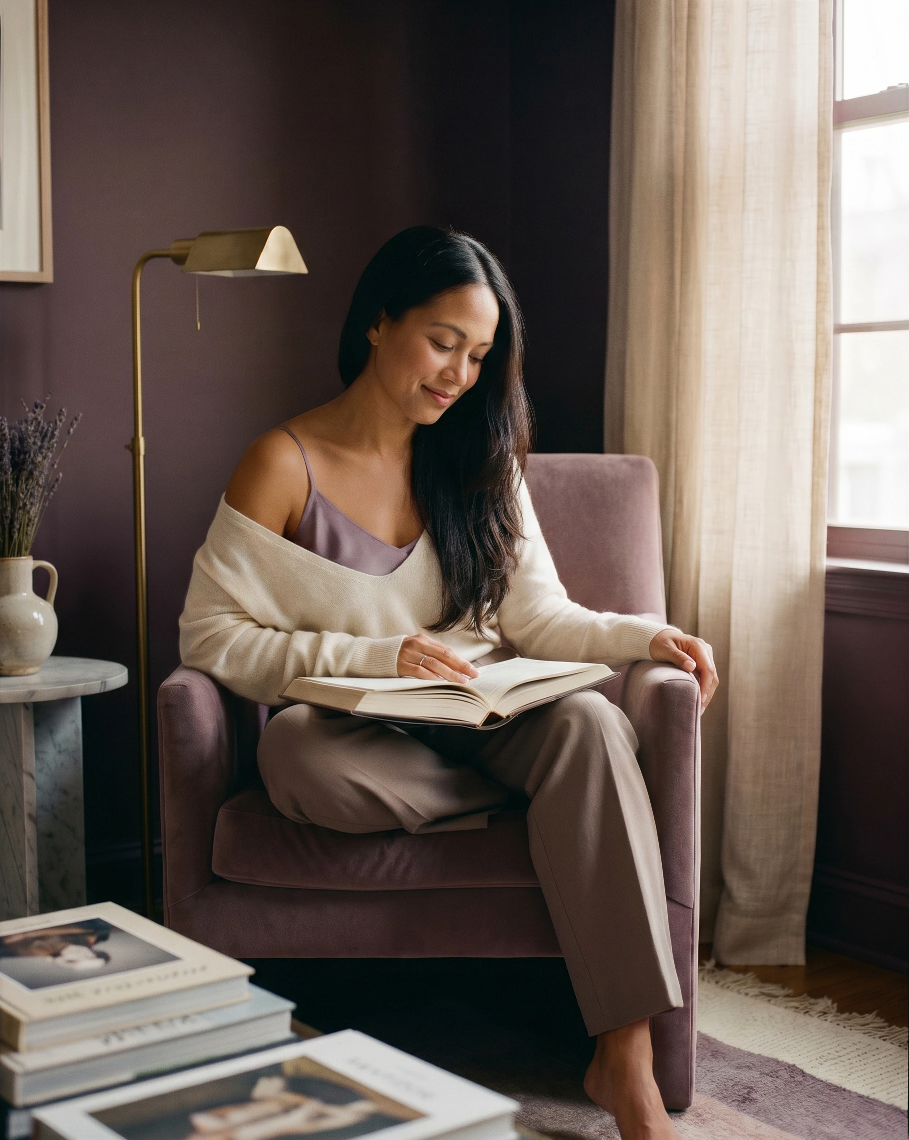 a young woman reading in a chair 