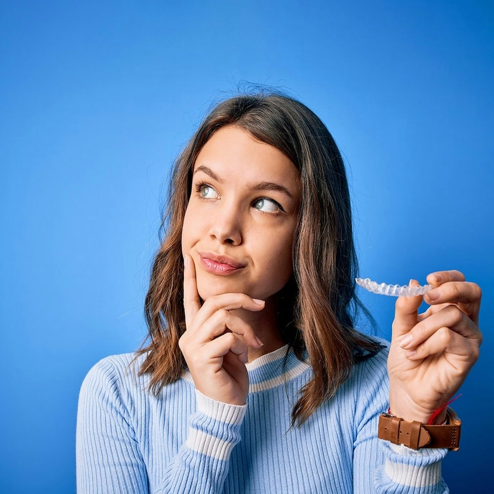 Woman holding up clear aligner