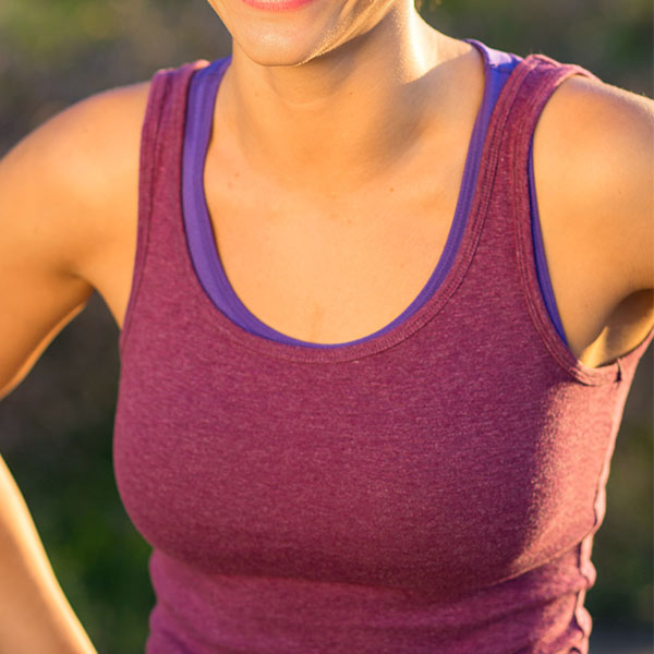 Close-up of chest of woman wearing lacy bra