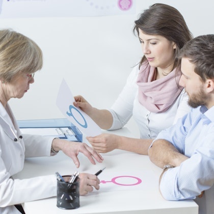 Doctor showing clients gender diagrams