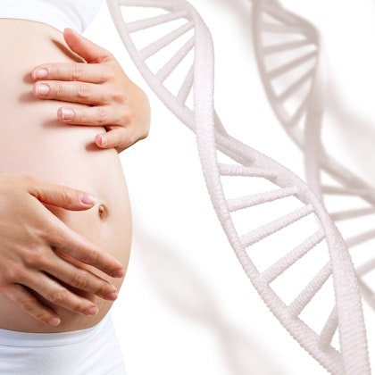 Woman holding pregnant belly next to DNA strands