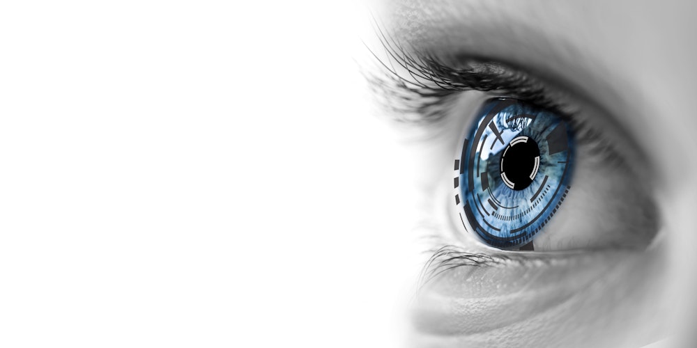 photo of a blue eye with an illustration of a high-tech lens