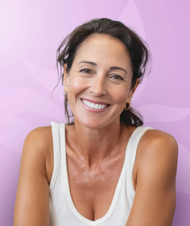 smiling older woman in white tank top