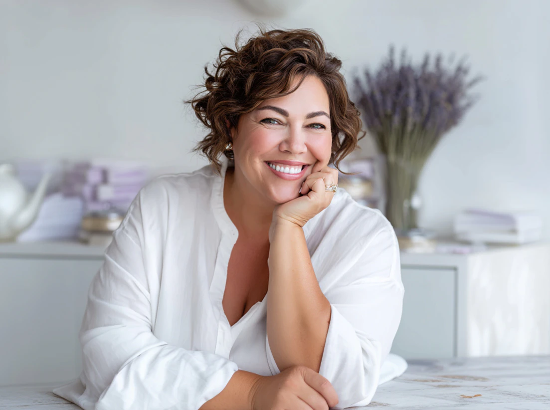 smiling woman seated at table