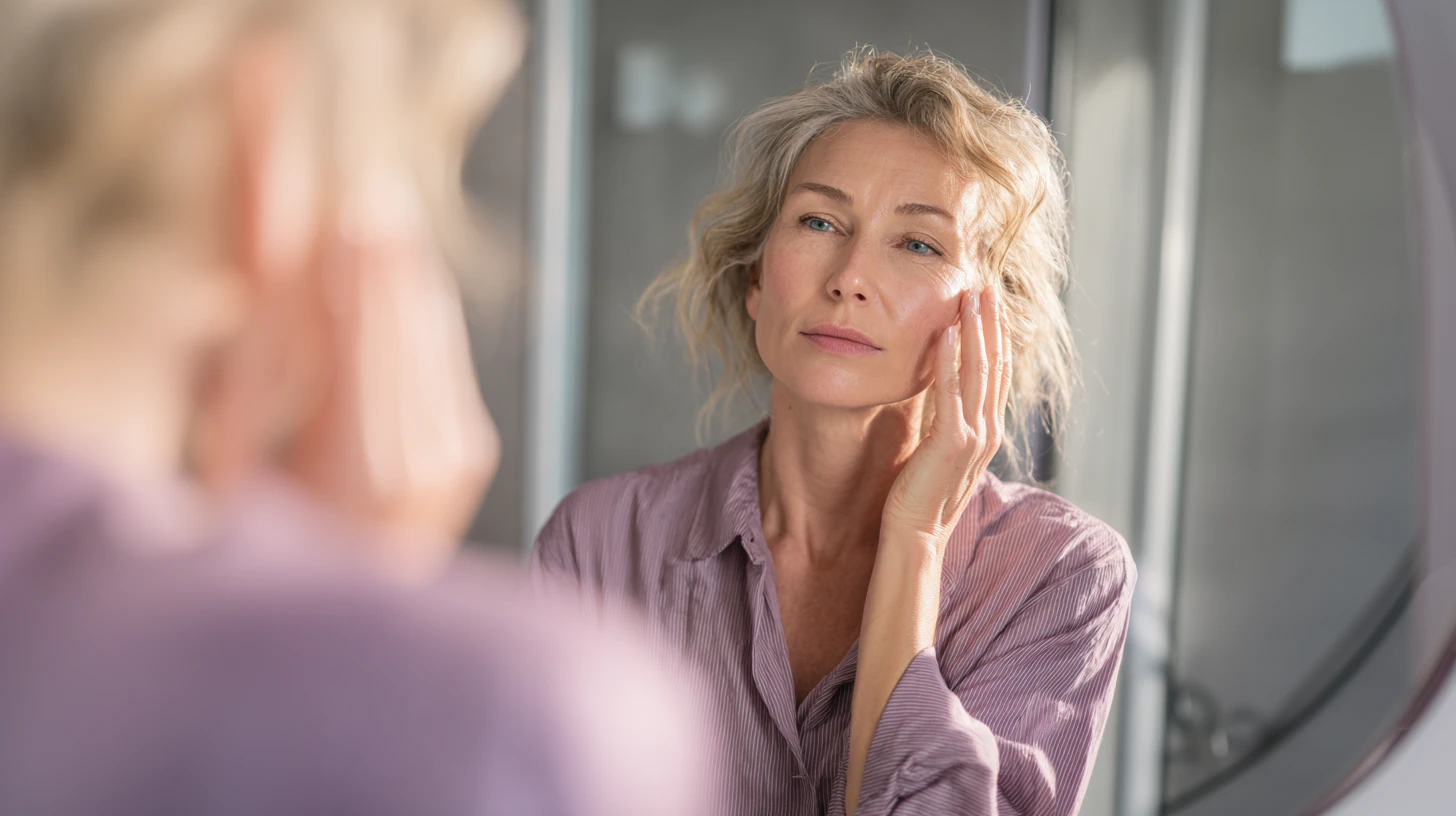 Une femme se touchant le visage en souriant